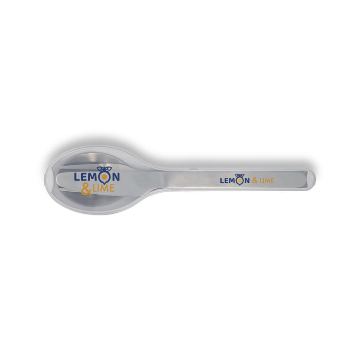 Juniper Cutlery Set - A stainless steel spoon with a blue and yellow logo featuring "LEMON & LIME." The handle is sleek and curved.