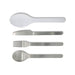 The Refuel Pack - A cutlery set featuring stainless steel knife, fork, spoon, and a transparent serving spoon, arranged in a row.