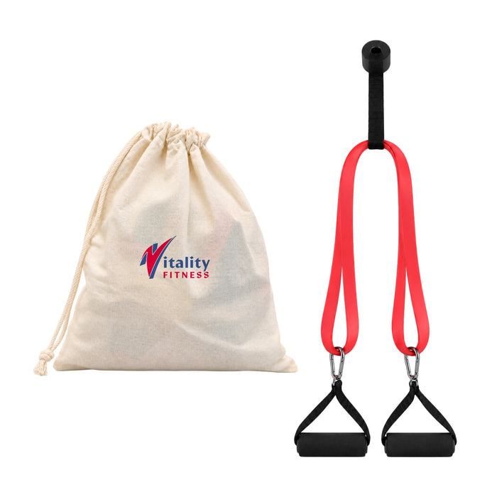 Anywhere Resistance Fitness Set - A red resistance band set with black handles, accompanied by a cream drawstring bag featuring a logo.