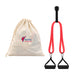 Anywhere Resistance Fitness Set - A red resistance band set with black handles, accompanied by a cream drawstring bag featuring a logo.