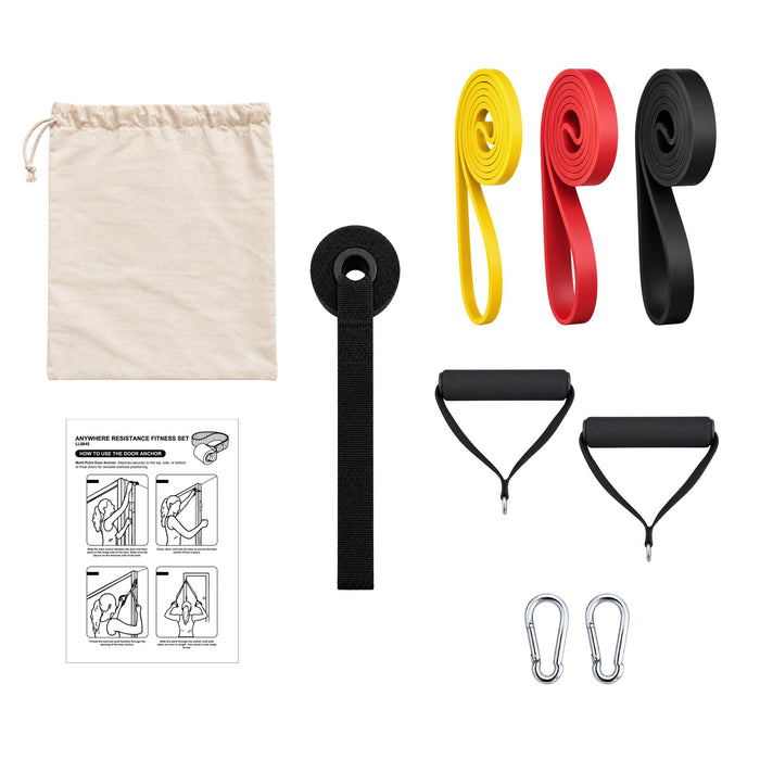 Anywhere Resistance Fitness Set - A set of fitness resistance bands in red, yellow, black, and grey, with handles, attachments, and a carry bag.