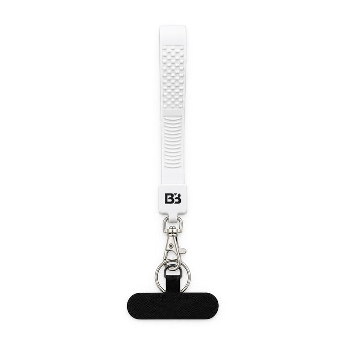 Wrist Tactile Phone Holder Keytag - A white wrist strap keytag with a textured grip and a metal clip, featuring a branding logo.