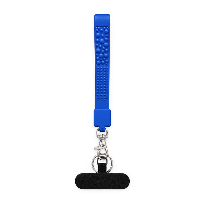 Wrist Tactile Phone Holder Keytag - A blue wrist strap with textured sections, featuring a metal clip and a black attachment at the end.