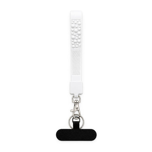 Wrist Tactile Phone Holder Keytag - A white wrist strap with tactile design and a metal keyring attachment, featuring a black base section.