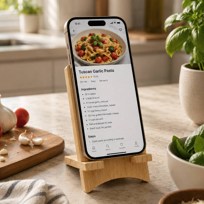Oscar Illuminating Charging Stand - A wooden charging stand with a smartphone displaying a pasta recipe, surrounded by kitchen items and greenery.