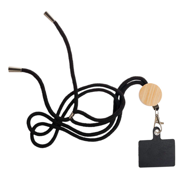 Shadow Phone Neck Lanyard - A neck lanyard featuring a wooden clip and a black pouch, designed to hold a phone securely.