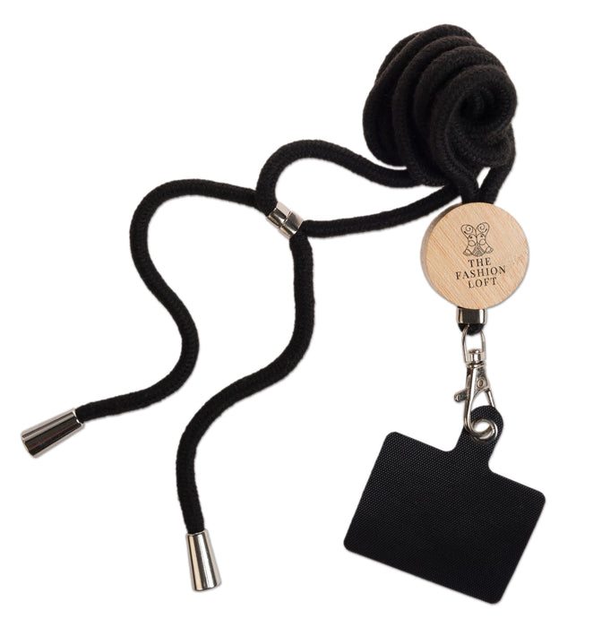 Shadow Phone Neck Lanyard - A black neck lanyard with a wooden tag featuring "The Fashion Loft" logo and a rectangular holder.