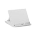 Tech Pack Connect - A white phone stand with an adjustable angle and a slot for phone placement. It features a simple design and a logo.