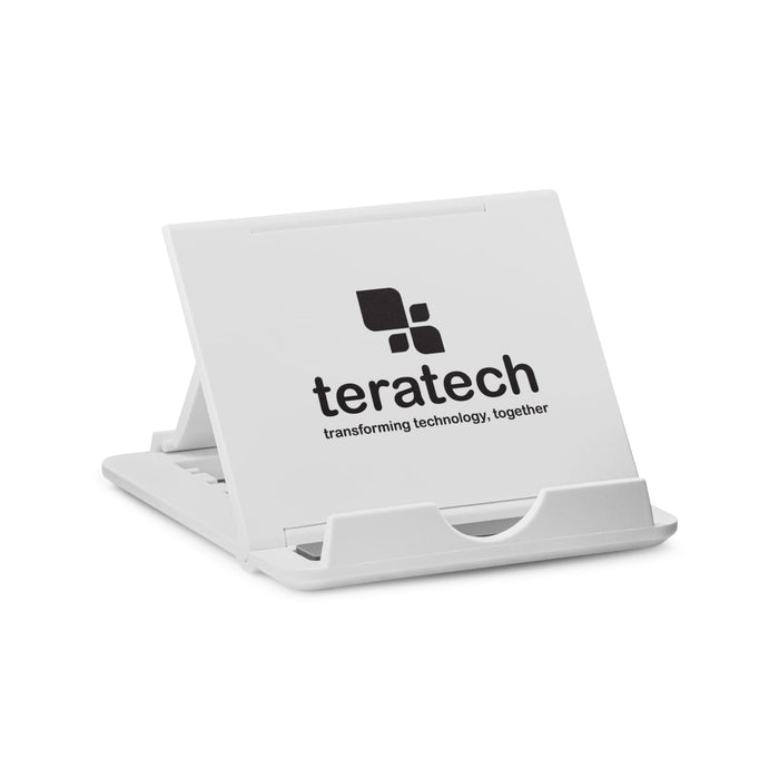 Glide Phone Stand - A white phone stand with a logo, featuring a foldable design and a slot for device placement.