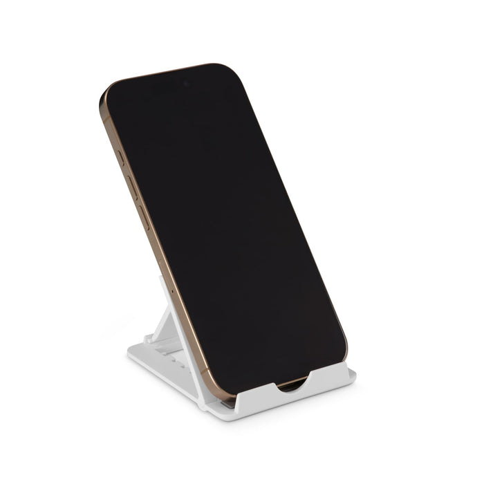 Glide Phone Stand - A phone in a white Glide Phone Stand, featuring a simple design with an adjustable angle.