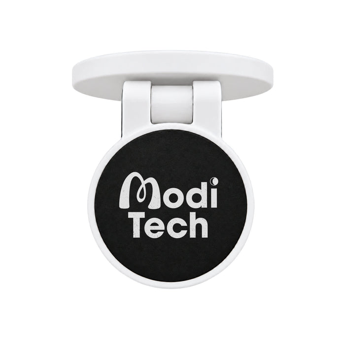 Tutor Maglock Phone Holder - A white phone holder with a round black base featuring a logo. The design is sleek and compact.