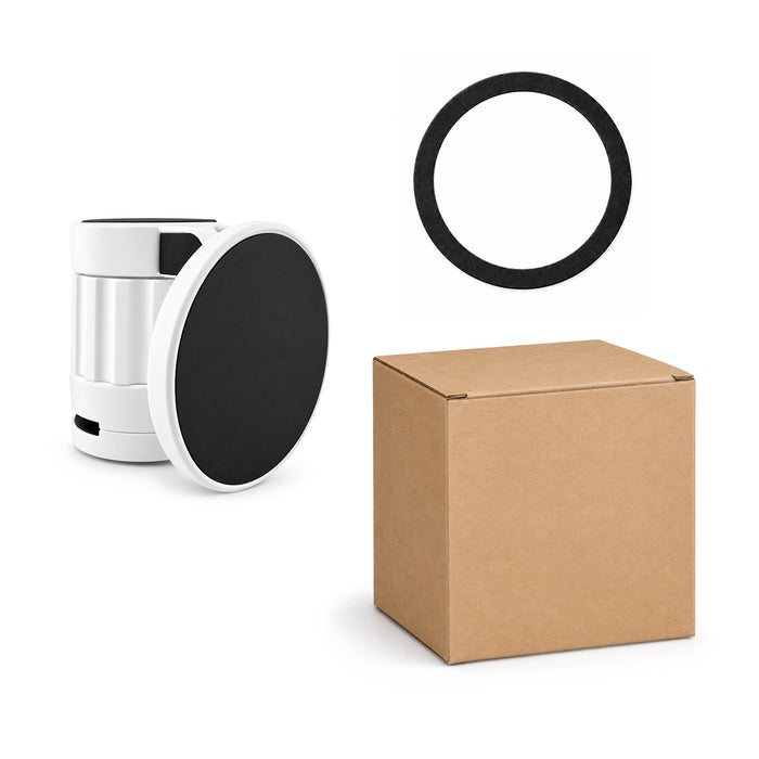 Tutor Maglock Phone Holder - A white and black phone holder with a circular base, alongside a black ring and a brown box.