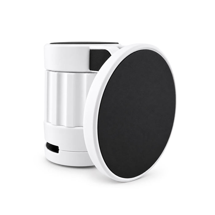 Tutor Maglock Phone Holder - A white and black phone holder with a circular base and a cylindrical body, featuring a logo.
