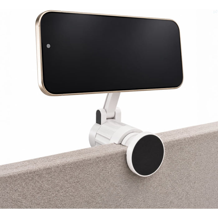 Tutor Maglock Phone Holder - A white phone holder with a black circular base and an attached smartphone, designed to clamp onto a surface.