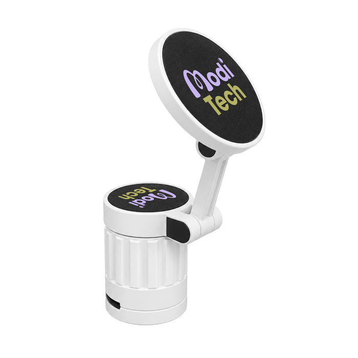 Tutor Maglock Phone Holder - A white phone holder with a rotating top, featuring a round, black surface with a logo.