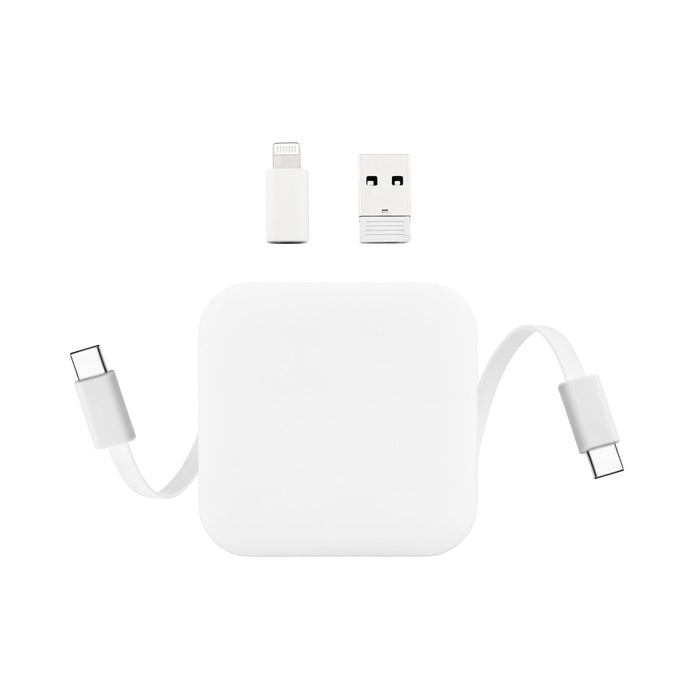 The Polished Traveller - A retractable charging cable in white, with USB and Lightning connectors, and a compact design.