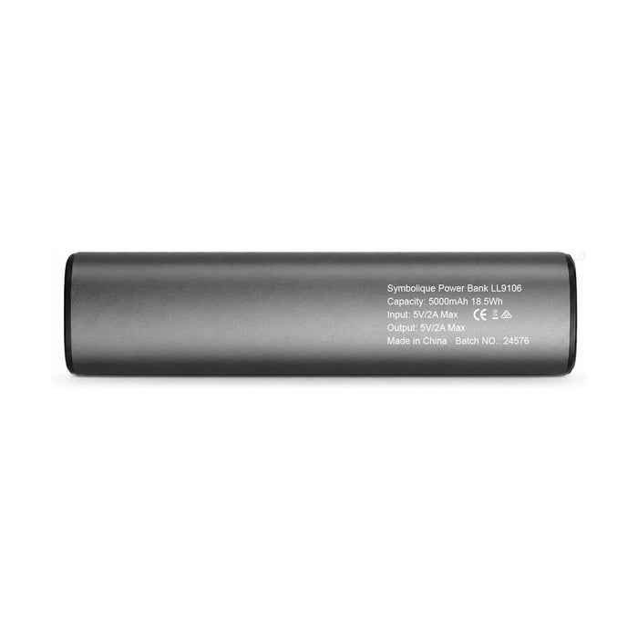Symbolique 5,000mAh Power Bank - A grey power bank with a sleek design, featuring a logo and specifications on one side.