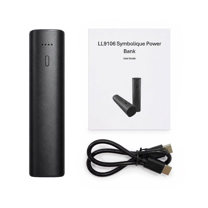 Symbolique 5,000mAh Power Bank - A black cylindrical power bank with a user guide and a USB cable. The power bank features an indicator light.