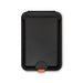 Cozy Phone Wallet - A black phone wallet with a smooth finish and an orange accent at the bottom. It has a simple, sleek design.