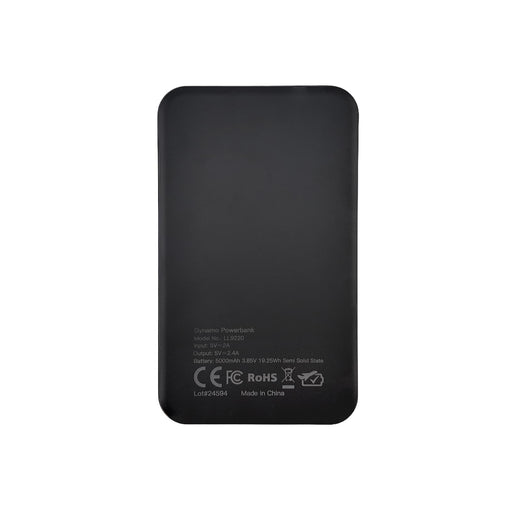 Dynamo Solid State Power Bank - A black solid state power bank with a logo and specifications detailed on the back.