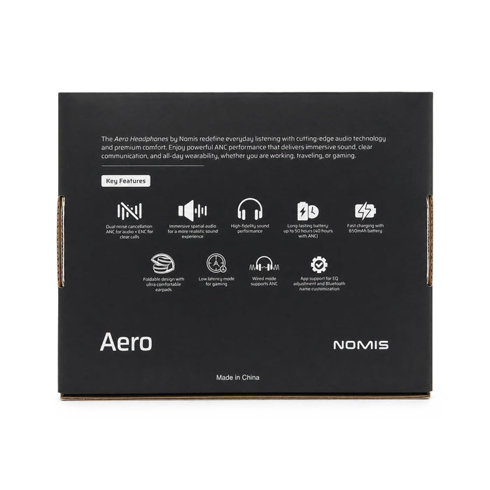 Aero by Nomis Headphones - Aero by Nomis Headphones packaging featuring a black design with white text and icons. Includes brand logo.
