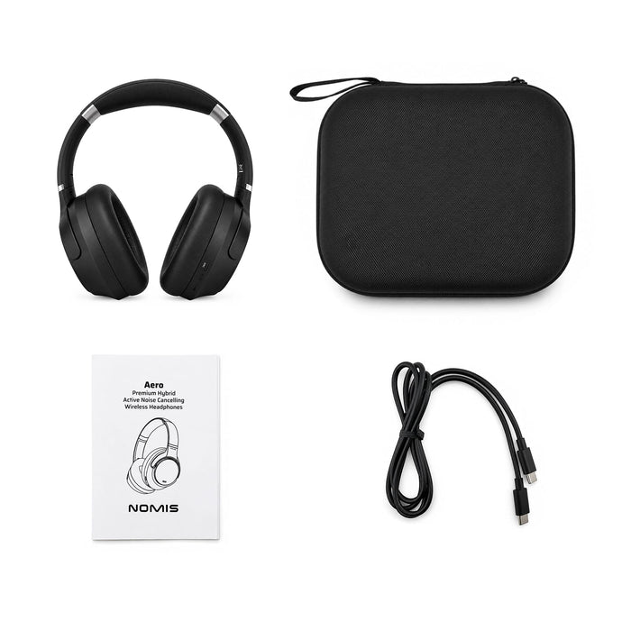 Aero by Nomis Headphones - Black wireless headphones along with a carrying case, a user manual, and a charging cable.
