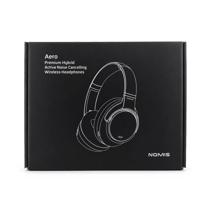 Aero by Nomis Headphones - Aero by Nomis wireless headphones in black packaging, featuring a simple line drawing of the product.