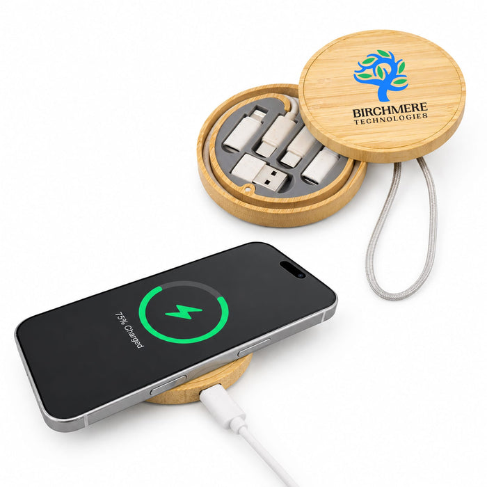 Reveal Circle Wireless Charger Set - A bamboo wireless charger set with a phone on top, showing a charging indicator, and a compact storage case.
