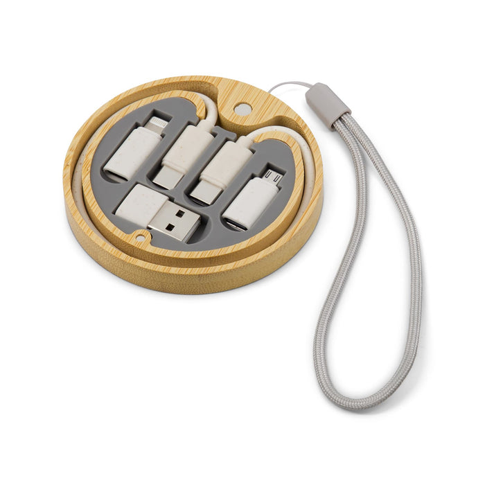Reveal Circle Wireless Charger Set - A wireless charger set in a circular bamboo case featuring multiple charging cables and a grey interior.