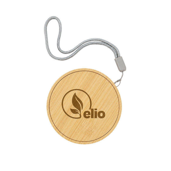 Reveal Circle Wireless Charger Set - A round, bamboo wireless charger with a grey strap and a logo. The design features a natural wood finish.
