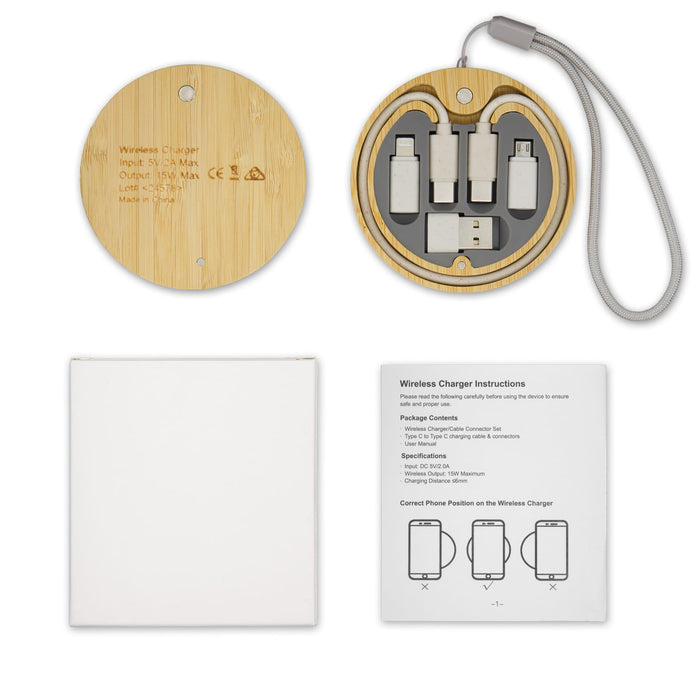 Reveal Circle Wireless Charger Set - A circular wireless charger set in bamboo, featuring multiple charging cables and a storage compartment, with a user guide.
