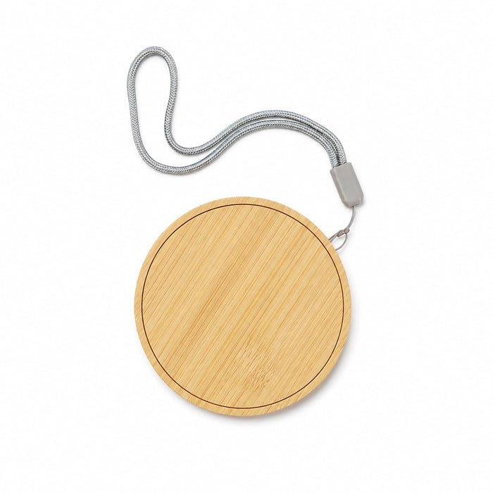 Reveal Circle Wireless Charger Set - A round wireless charger set with a bamboo surface and a grey strap for easy carrying.