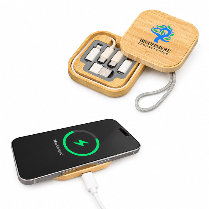 Reveal Square Wireless Charger Set - A bamboo box containing a wireless charger and multiple charging cables, featuring a logo on the lid.