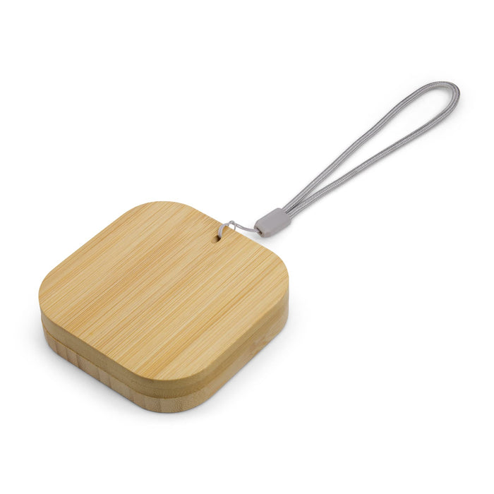 Reveal Square Wireless Charger Set - A square bamboo wireless charger with a grey strap for easy carrying. Features a simple design and natural finish.