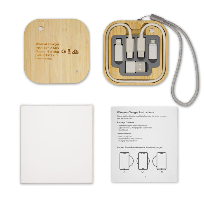 Reveal Square Wireless Charger Set - A square bamboo wireless charger set featuring multiple charging cables and a user instruction guide.