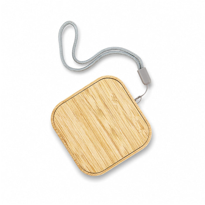 Reveal Square Wireless Charger Set - A square wireless charger with a bamboo finish and a grey cord. It features a logo on its surface.