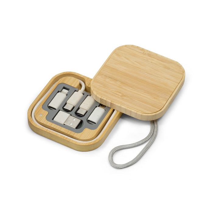 Reveal Square Wireless Charger Set - A bamboo charger set with multiple connectors and a carry strap, presented in a square case.