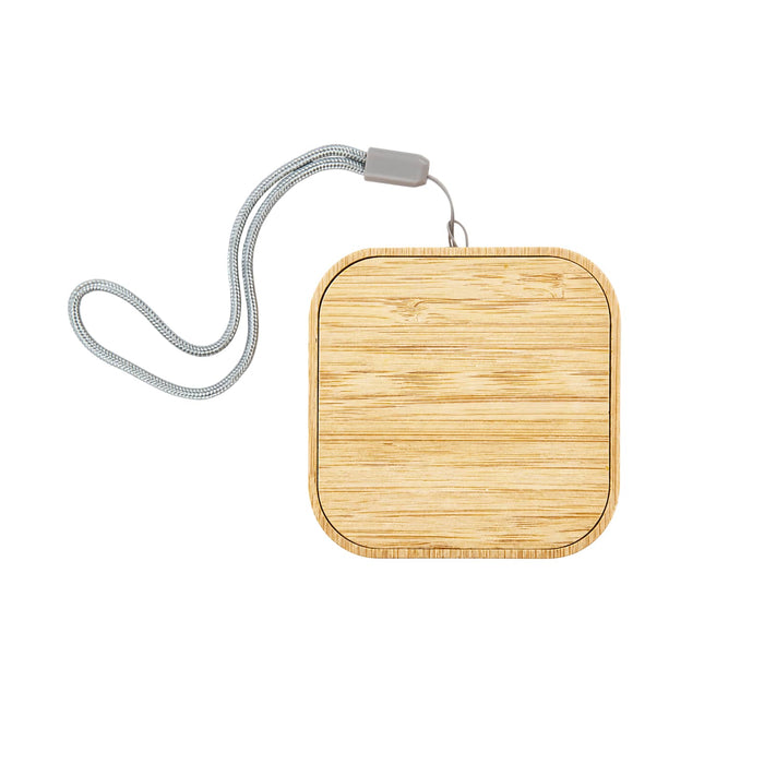 Reveal Square Wireless Charger Set - A square bamboo wireless charger with a grey strap. It features a smooth wooden surface and rounded edges.