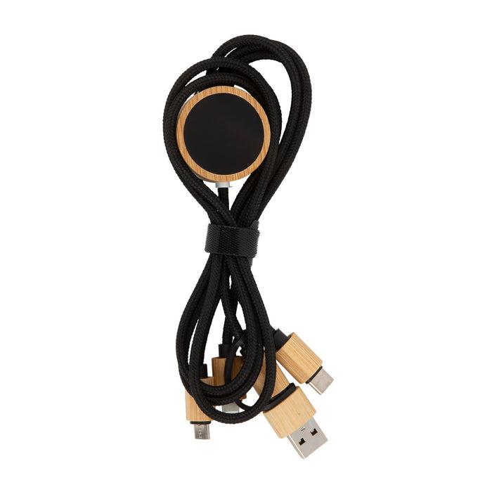 Tech Pack Power - A charging cable with a black and bamboo design, featuring multiple connectors for different devices.