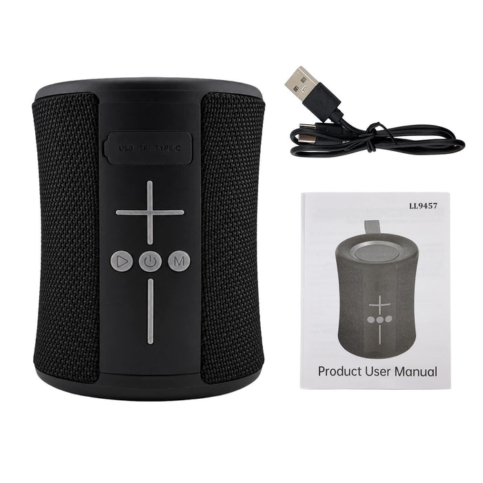 Delta 8W Speaker - A black portable speaker with control buttons, a USB cable, and a user manual. The speaker has a textured surface.