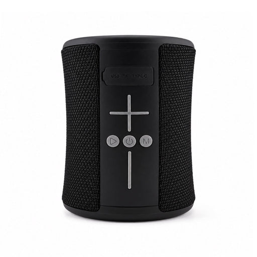 Delta 8W Speaker - A black speaker with a textured surface, featuring control buttons and a USB Type-C port. It has a branded logo.