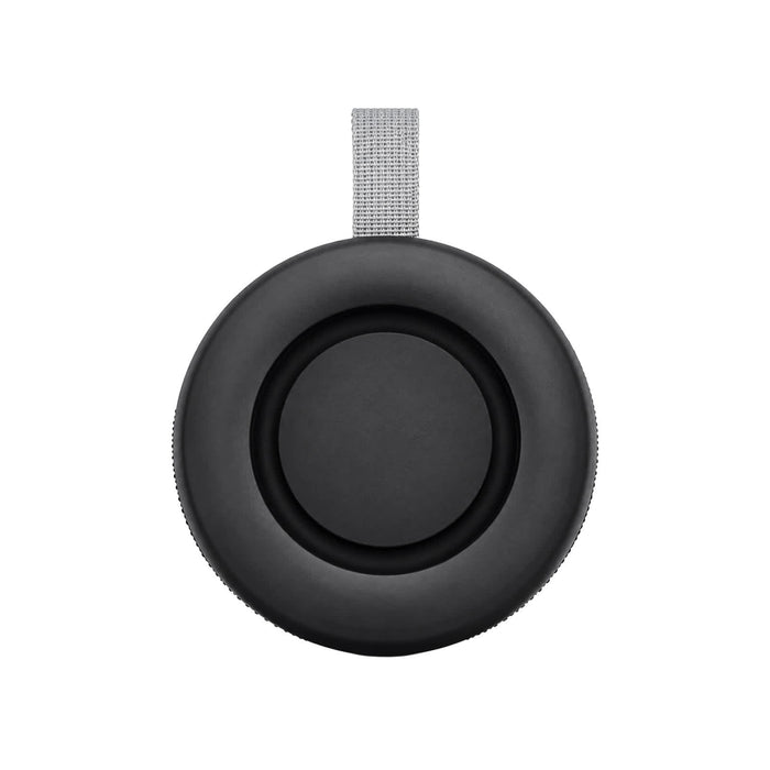 Delta 8W Speaker - A black portable speaker with a grey strap, featuring a circular design and textured surface.