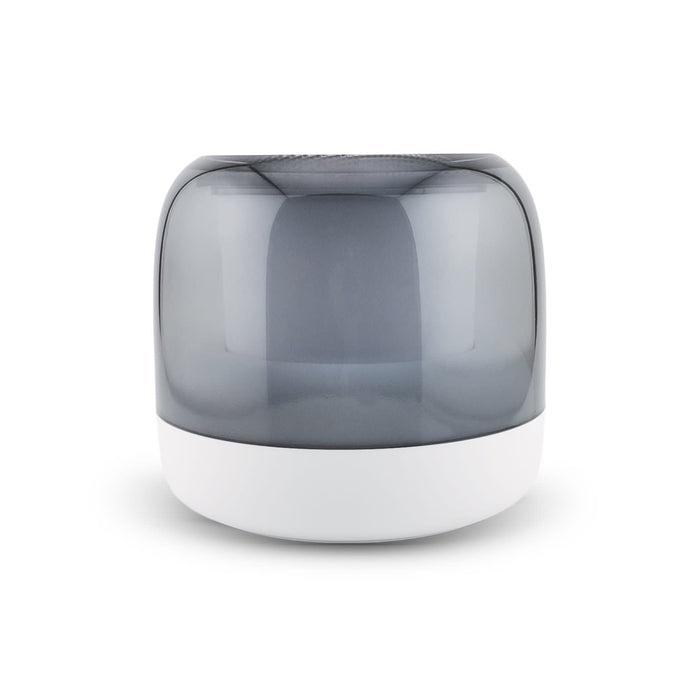 Dazzle RGB Speaker - A rounded speaker with a smoke grey top and a white base, featuring a modern design and smooth surface.