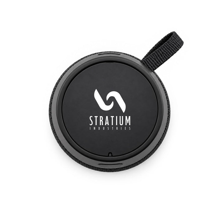 Empire Maglock Ph Stand Speaker - A round black speaker with a textured surface and a strap, featuring a logo on the front.