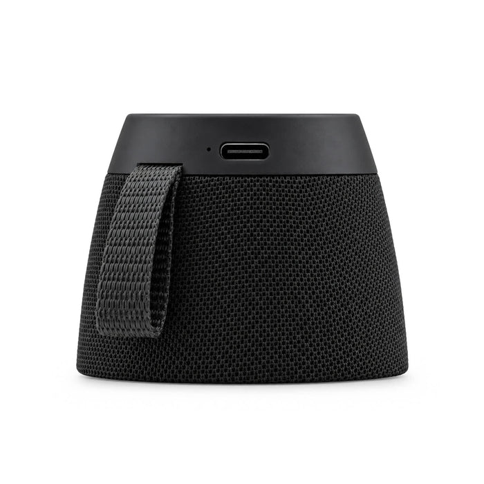 Empire Maglock Ph Stand Speaker - A portable speaker in black fabric with a USB-C port and a woven strap on the side.