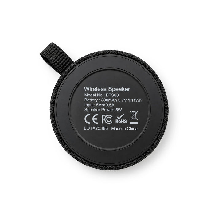 Empire Maglock Ph Stand Speaker - A round black wireless speaker with a textured surface and a hanging loop, featuring technical specifications on the back.