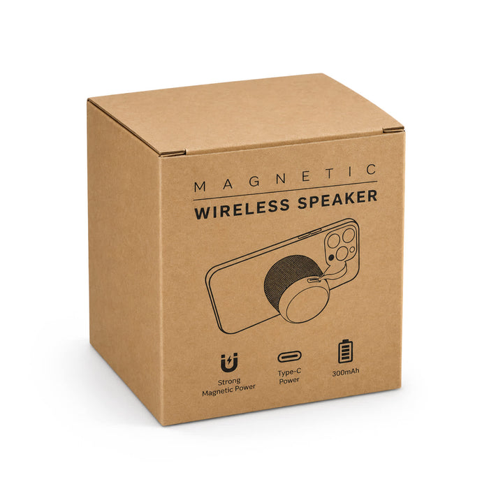 Empire Maglock Ph Stand Speaker - A cardboard box containing a magnetic wireless speaker with a Type-C connector and a 300mAh battery.