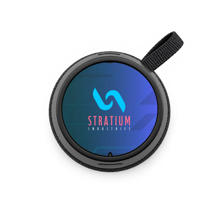 Empire Maglock Ph Stand Speaker - A round black speaker featuring a blue and pink design with a logo in the centre.