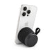 Empire Maglock Ph Stand Speaker - A black speaker connected to a smartphone, featuring a textured fabric exterior and a loop for attachment.