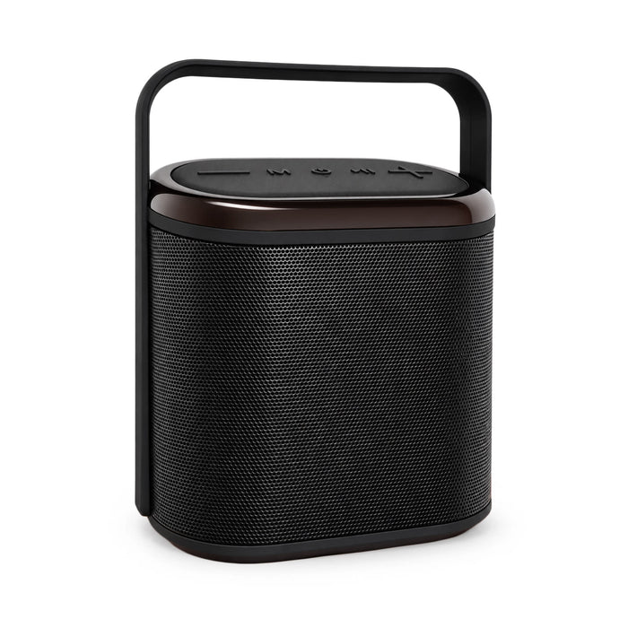 Hudson Bluetooth Speaker - A compact black Bluetooth speaker with a handle and control buttons on the top, featuring a textured exterior.